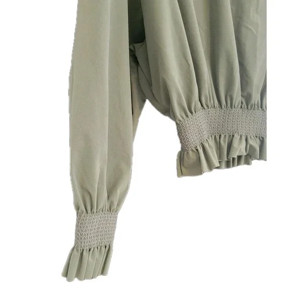 Zara Long Sleeve Crop Shirt‎ M Olive Green Trendy Casual Boho Romantic - Picture 4 of 7